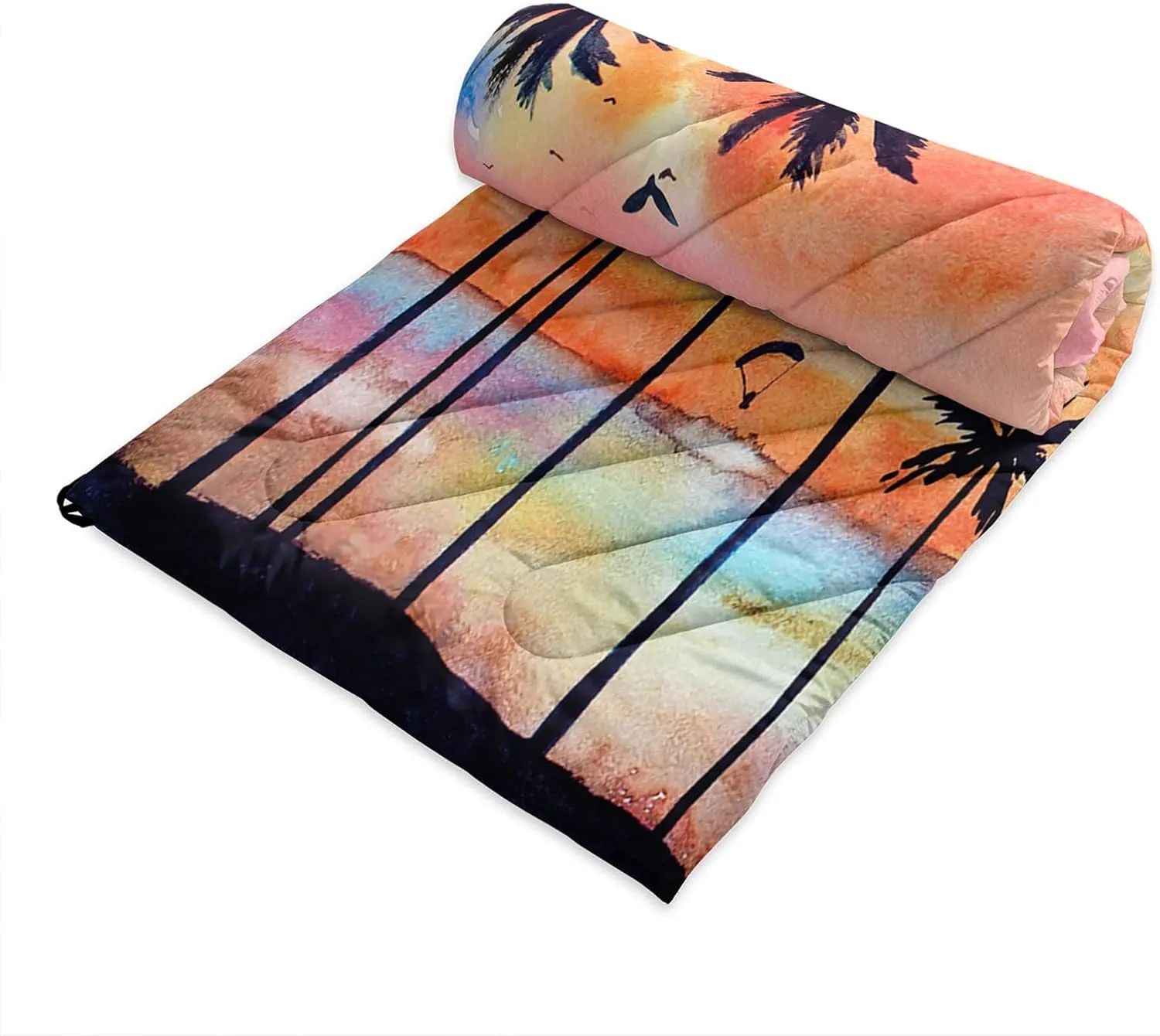 Axolotl Beach Ocean Outdoor Blanket,Palm Trees Parachute Puffy Printed Camping Blanket,Sunset Bird Lightweight Packable Outdoor Blanket,Colorful Oil Painting Blanket for Traveling Beach Cold Weather