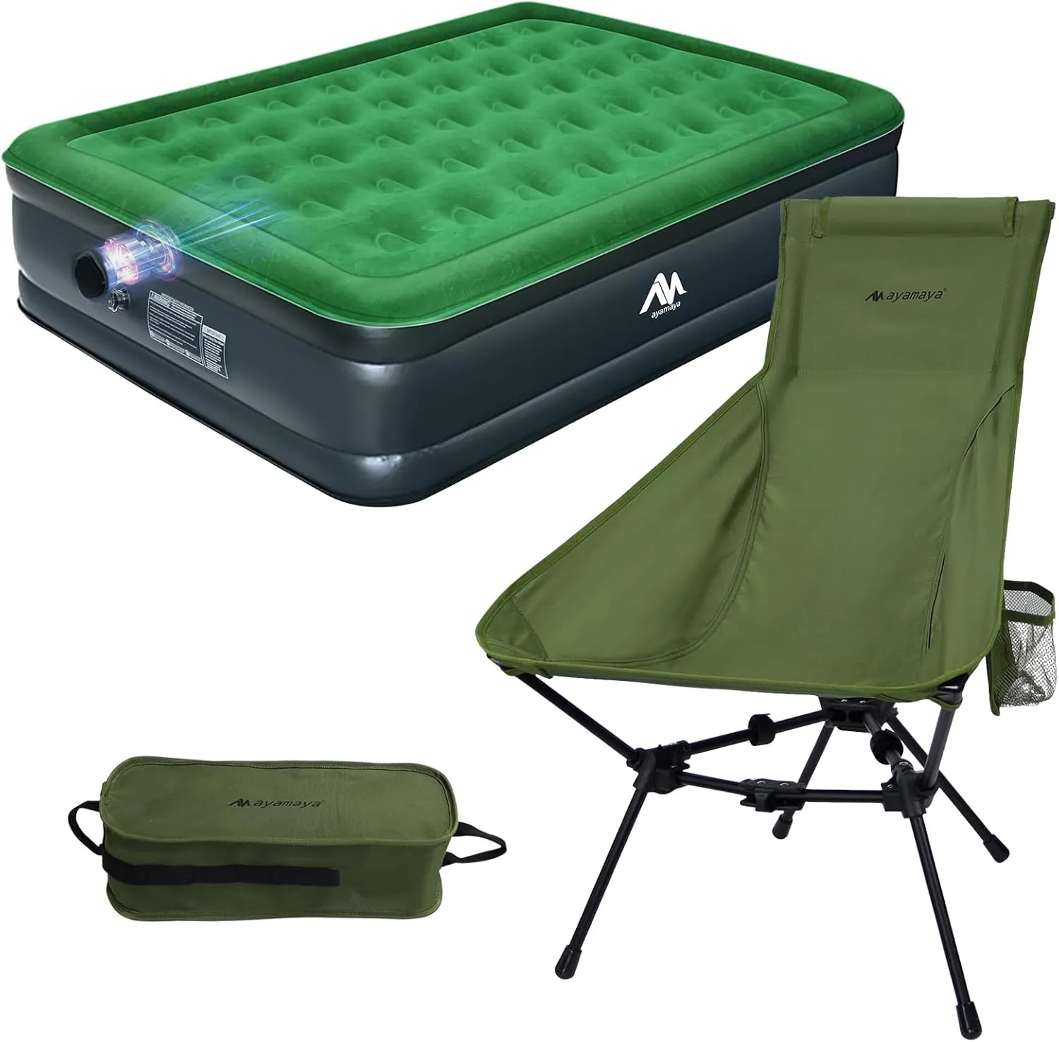 ayamaya Backpacking Chairs & Queen Air Mattress, AYAMAY Ultralight Folding High Back Camping Chair, Air Mattress with Cordless Built-in Pump