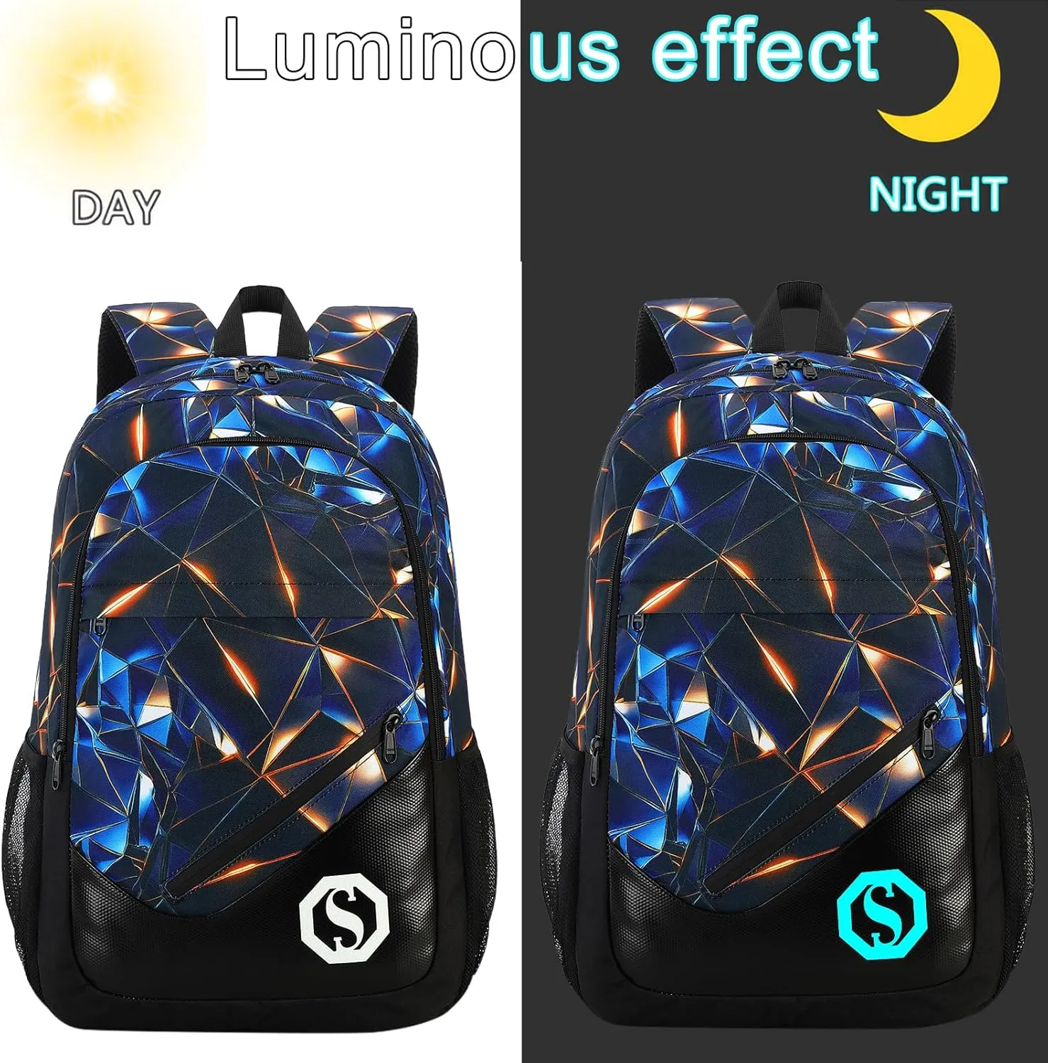 Backpack for Kids Boys Elementary Bookbag 17 Inch Middle School Bag Primary Waterproof Rucksack for Teens Travel Fits Ages 6  YO(Luminous Geometric-Black Blue)