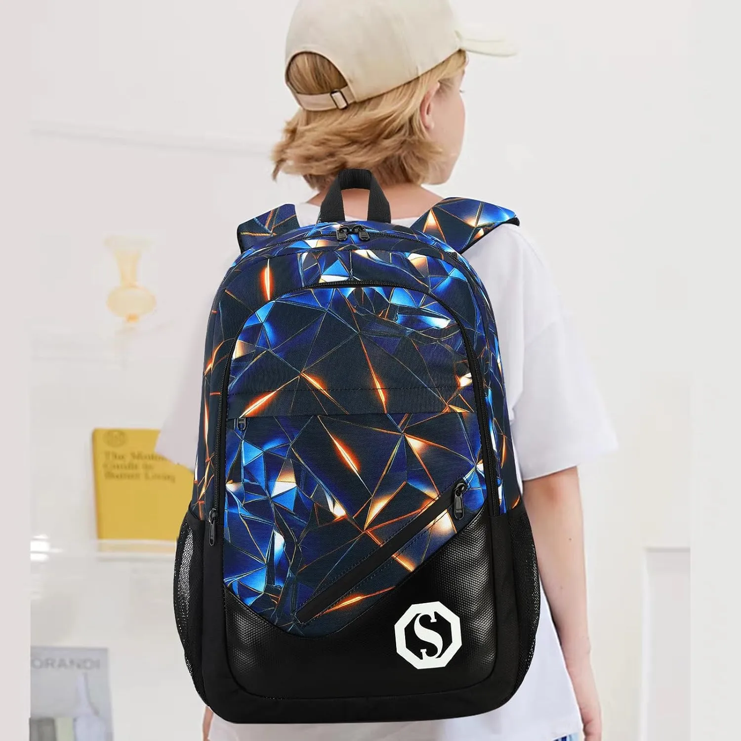 Backpack for Kids Boys Elementary Bookbag 17 Inch Middle School Bag Primary Waterproof Rucksack for Teens Travel Fits Ages 6  YO(Luminous Geometric-Black Blue)