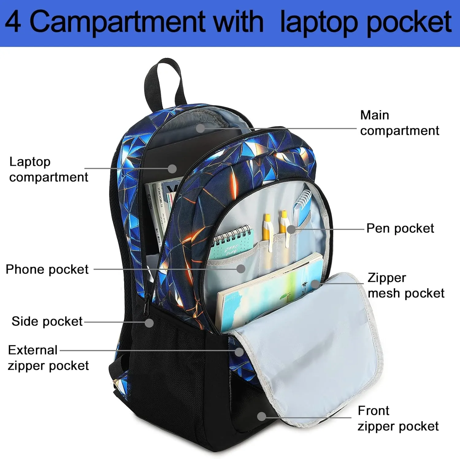 Backpack for Kids Boys Elementary Bookbag 17 Inch Middle School Bag Primary Waterproof Rucksack for Teens Travel Fits Ages 6  YO(Luminous Geometric-Black Blue)