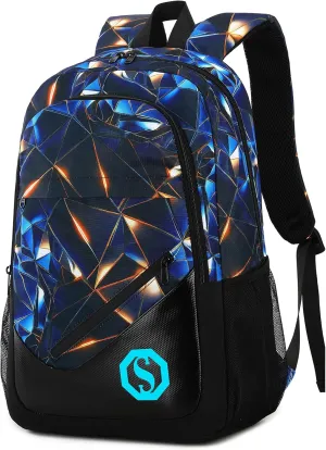 Backpack for Kids Boys Elementary Bookbag 17 Inch Middle School Bag Primary Waterproof Rucksack for Teens Travel Fits Ages 6  YO(Luminous Geometric-Black Blue)