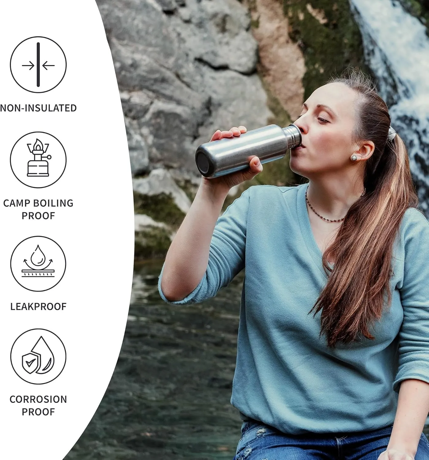 Bambaw Stainless Steel Single Wall Water Bottle, 24 oz, 750 ml, Reusable, Leakproof, Dishwasher Safe, BPA Free, Ideal for Travelling, Hiking, Yoga