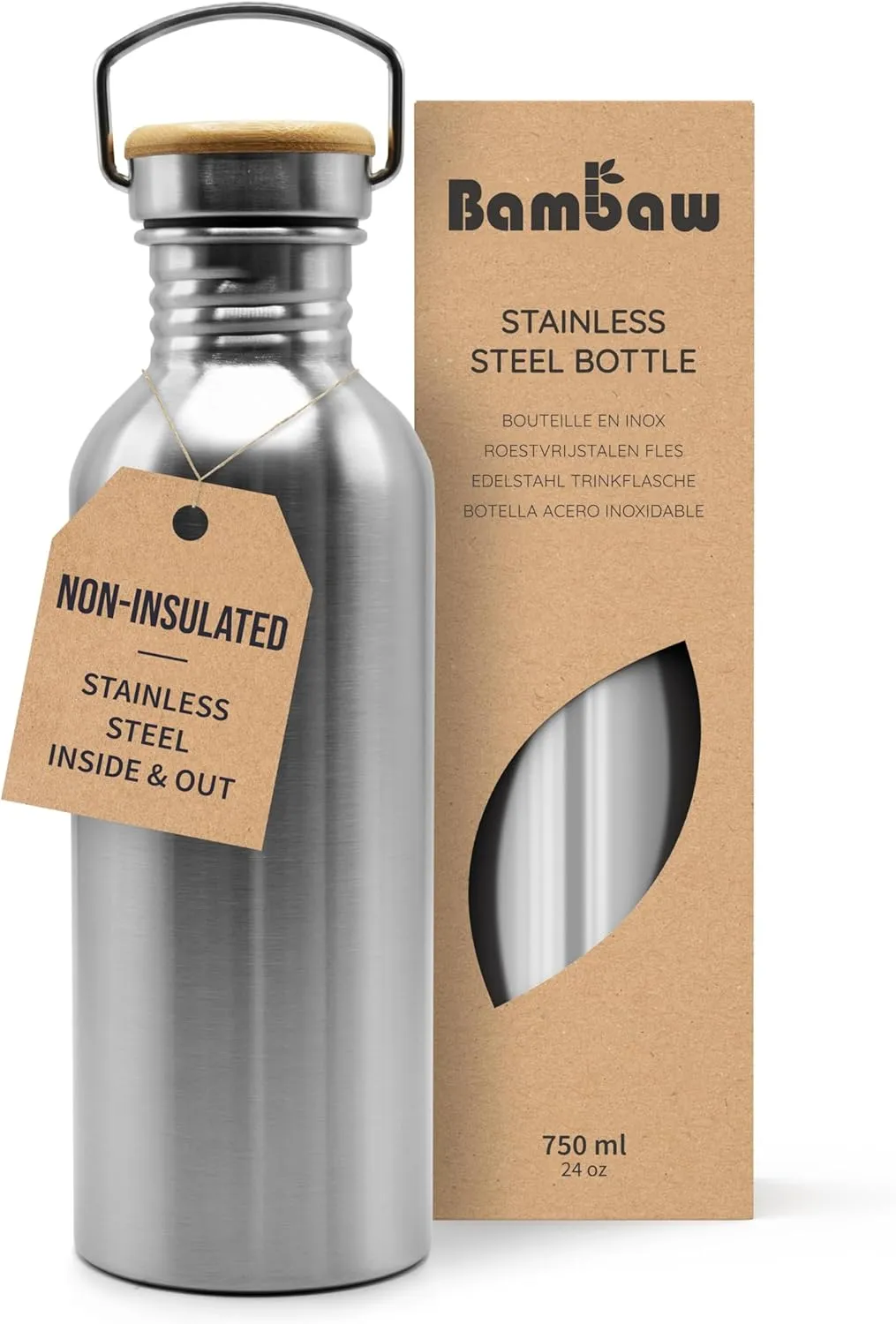 Bambaw Stainless Steel Single Wall Water Bottle, 24 oz, 750 ml, Reusable, Leakproof, Dishwasher Safe, BPA Free, Ideal for Travelling, Hiking, Yoga