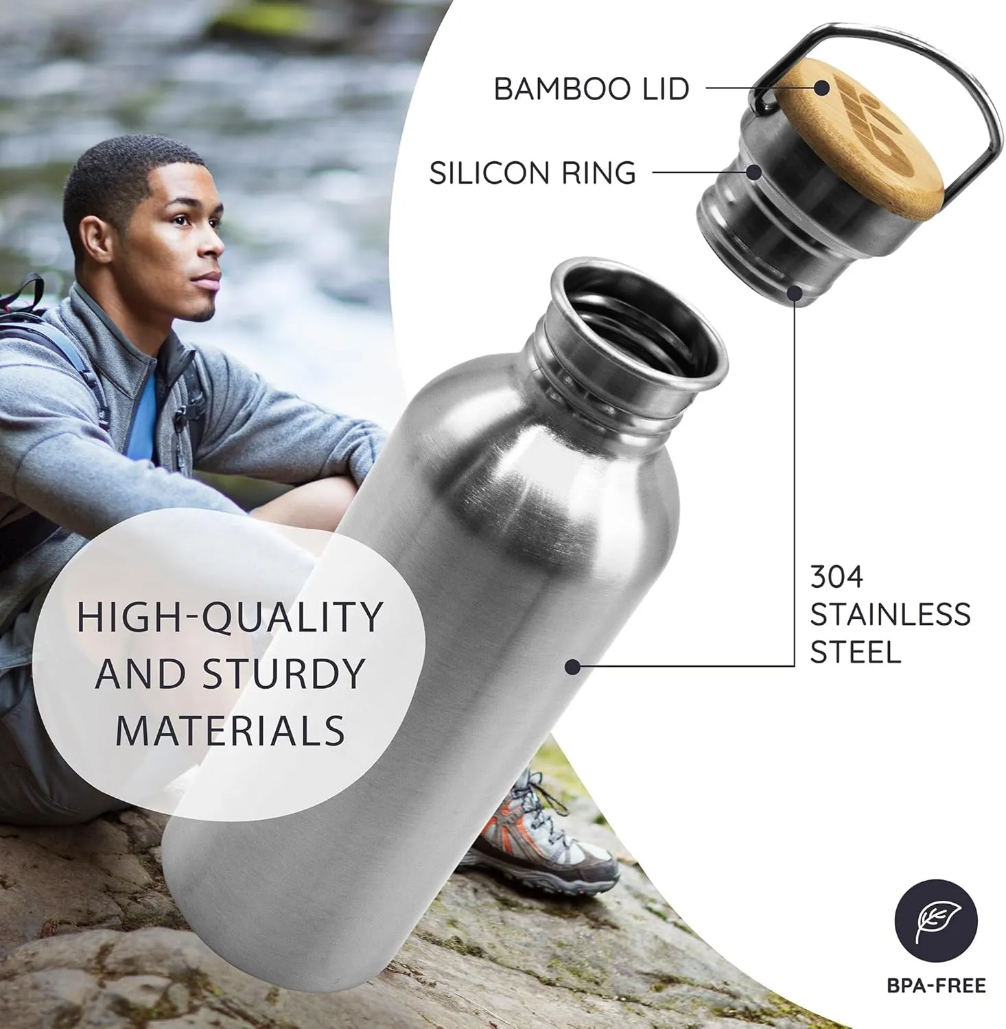 Bambaw Stainless Steel Single Wall Water Bottle, 24 oz, 750 ml, Reusable, Leakproof, Dishwasher Safe, BPA Free, Ideal for Travelling, Hiking, Yoga