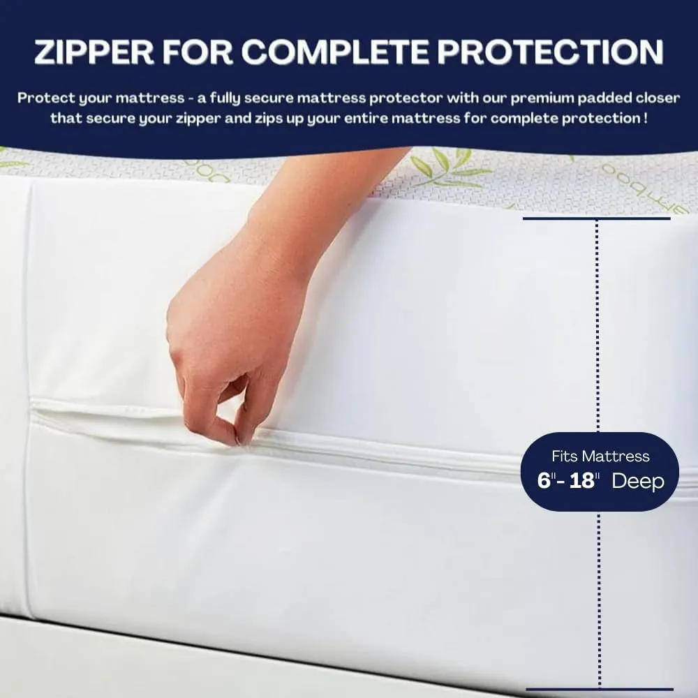 Bamboo Mattress Protector with Zipper - 100% Waterproof Queen Size Cooling Mattress Cover - Ultra Soft Jacquard Fabric Breathable Noiseless Mattress Pad Covers - Zippered Mattress Encasement