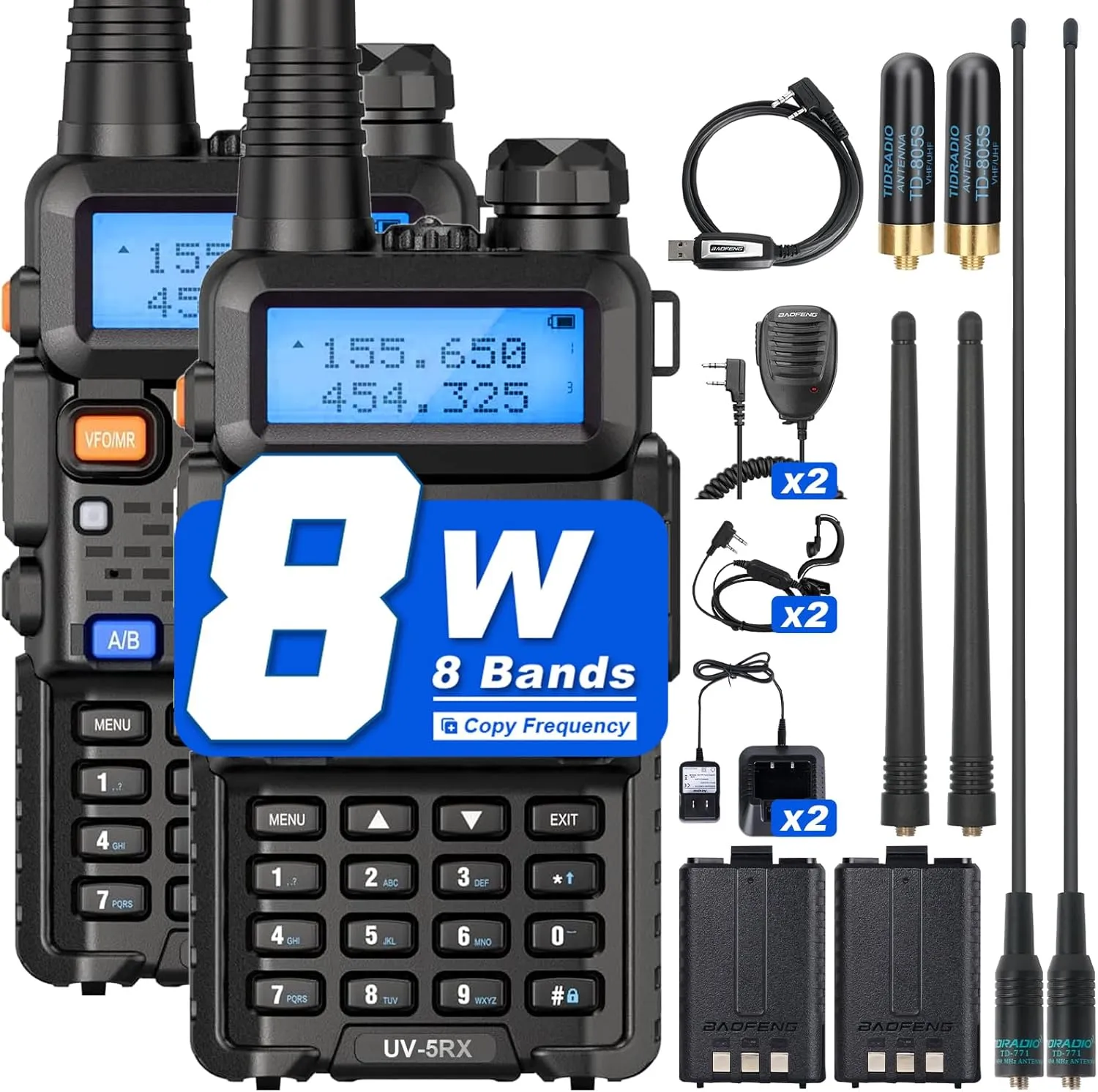 BAOFENG 5RX Ham Radio Handheld,(Upgraded of UV-5R),Tri Band Receiving,Dual Band Two-Way Radio,Air Band,Frequency Copy,Long Range Walkie Talkies with Speaker Mic,Programming Cable,Earpiece -2Pack