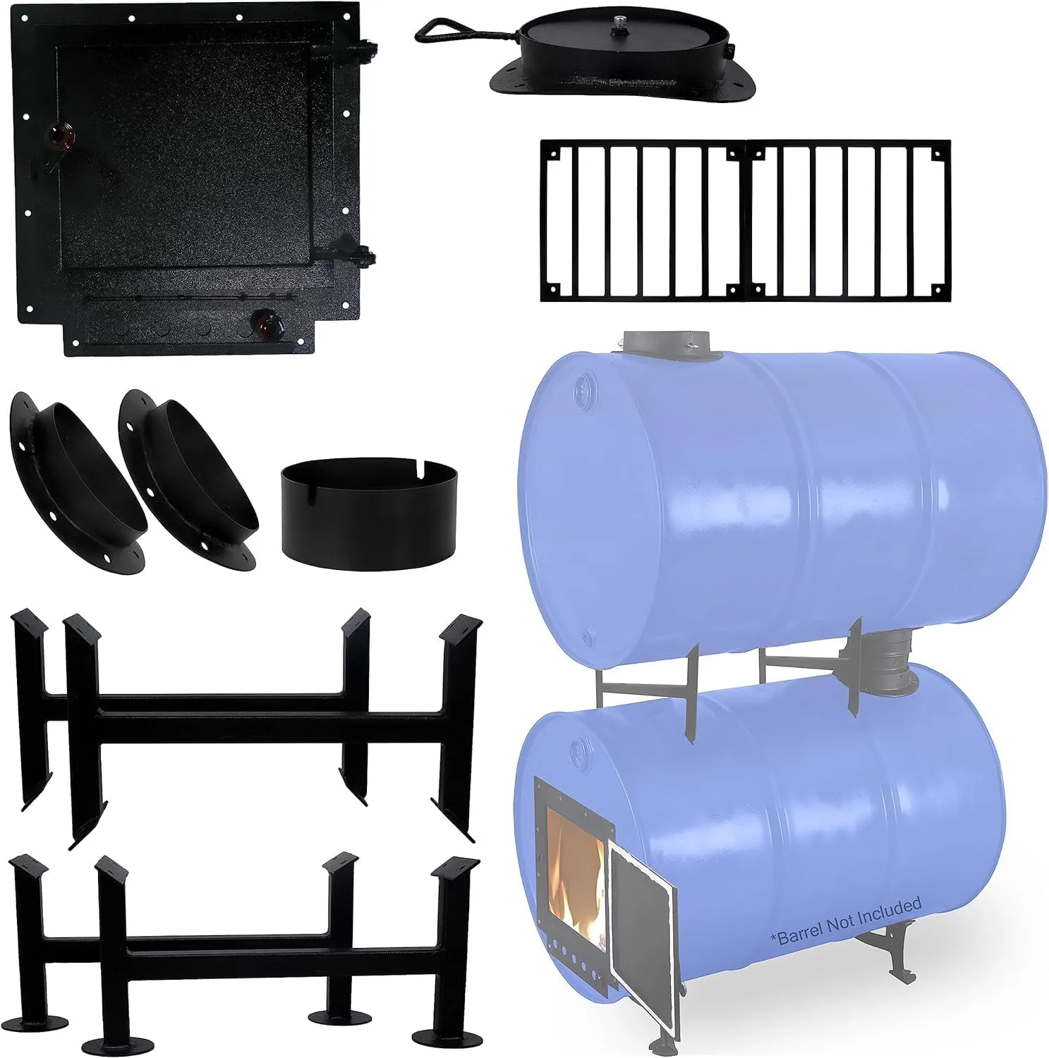 barrel stove kit with adapter kit & burn barrel grate – Perfect for 30-55 Gallon barrel - barrel stove kits - Fire wood camp stove barrel woodstove kit & double barrel stove adapter kit
