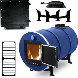Barrel Wood Stove Kit – Perfect For 30-55 Gallon Drum Kit - with 55g Burn Barrel Grate - Wood Burning Stove Door for Emergency Heating