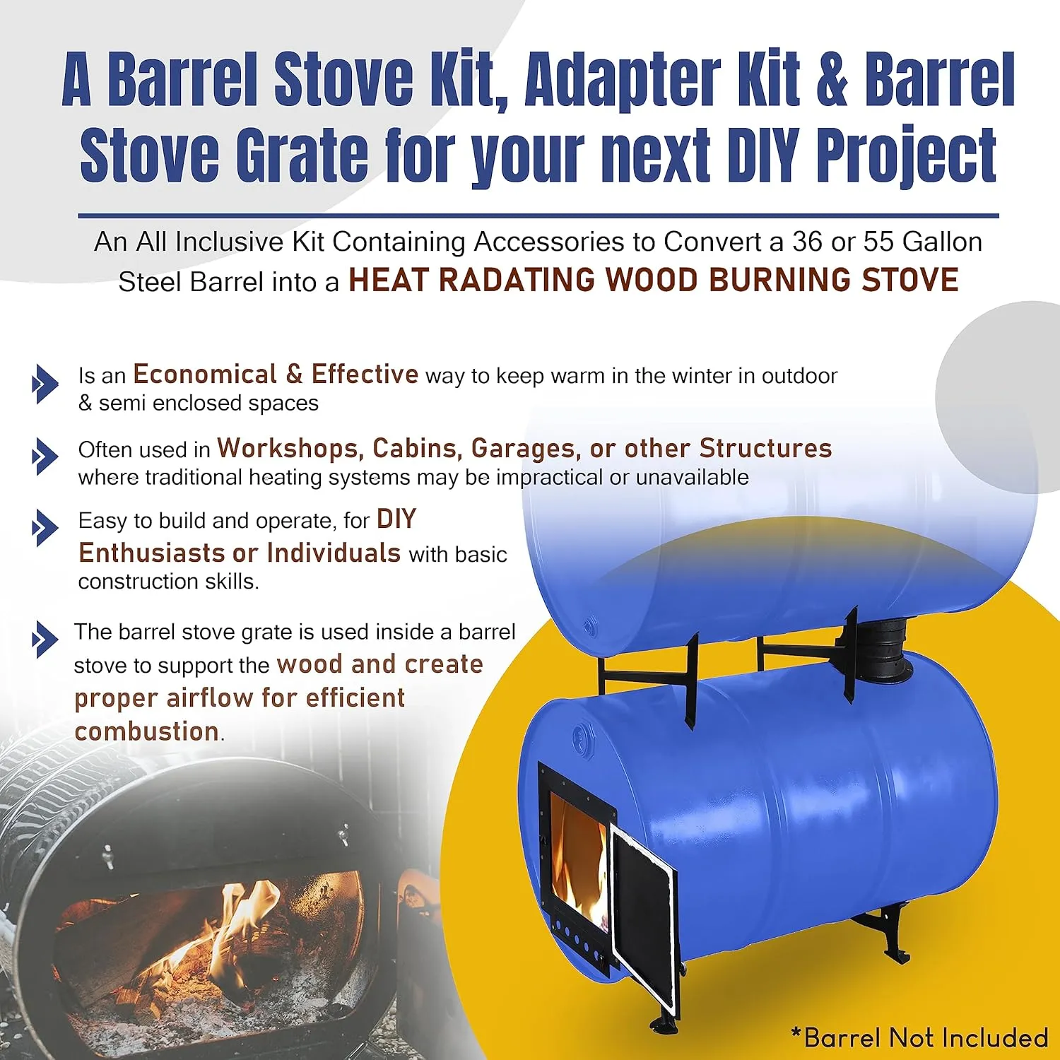Barrel Woodstove Kit with Adapter Kit – Perfect for 30 to 55 Gallon Drums - Double Barrel Stove Adapter Kit - Camping Equipment Barrel Stove Kits - Fire Wood Camp Stove for Heating & Cooking