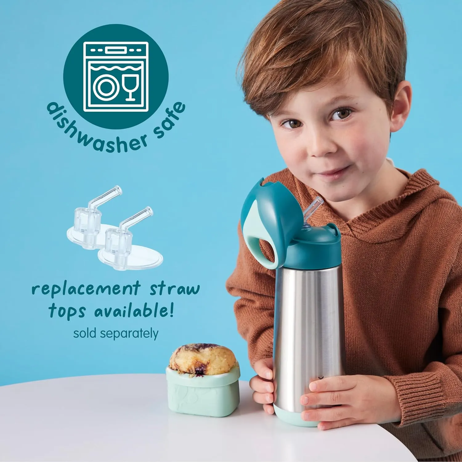 b.box 12 oz Insulated Water Bottle - Keeps Drinks Cold 8 Hours, Warm 6 Hours, Triple Wall Stainless Steel Kids Water Bottle w/Free Flow Silicone Straw, Leakproof & Dishwasher Safe
