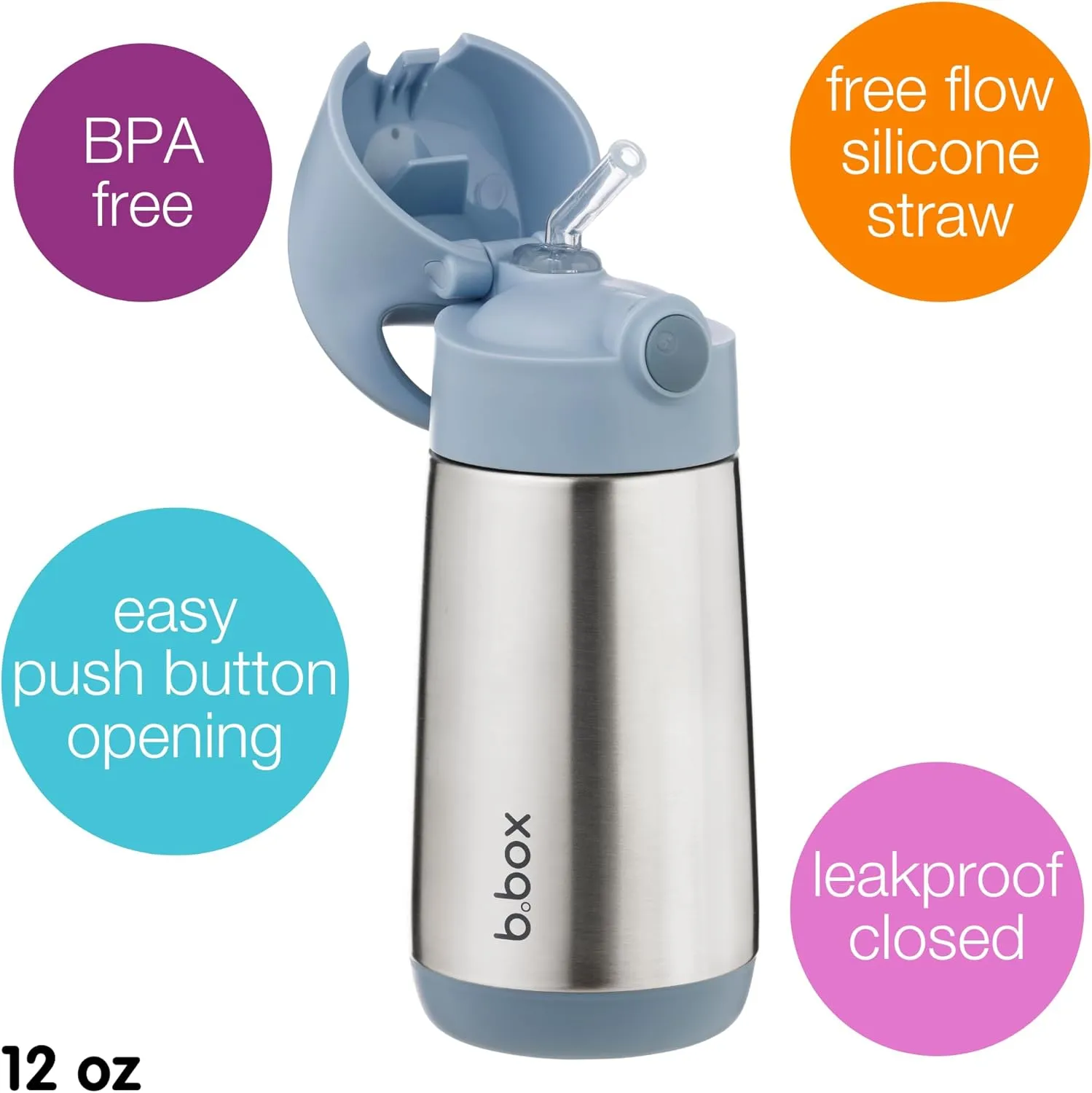 b.box 12 oz Insulated Water Bottle - Keeps Drinks Cold 8 Hours, Warm 6 Hours, Triple Wall Stainless Steel Kids Water Bottle w/Free Flow Silicone Straw, Leakproof & Dishwasher Safe
