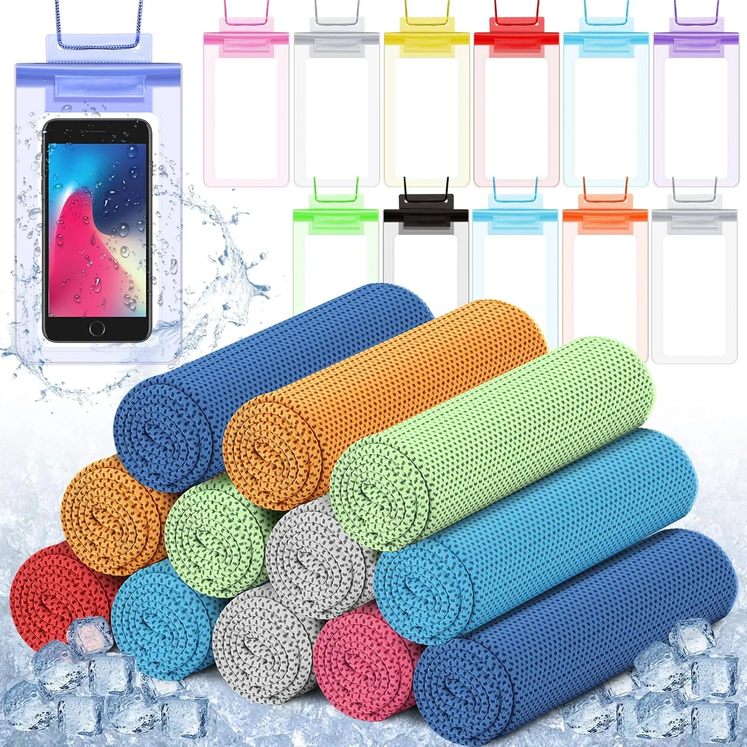 BBTO 24 Pack Cooling Towels and Waterproof Cell Phone Pouch Set 12 Pcs 40" x 12" Ice Towels for Neck and Face 12 Pcs 6.7" Underwater Cellphone Dry Bag with Lanyard for Running Yoga Snorkeling Swimming