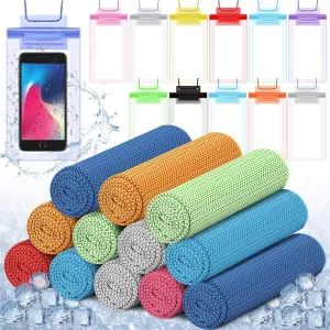 BBTO 24 Pack Cooling Towels and Waterproof Cell Phone Pouch Set 12 Pcs 40" x 12" Ice Towels for Neck and Face 12 Pcs 6.7" Underwater Cellphone Dry Bag with Lanyard for Running Yoga Snorkeling Swimming