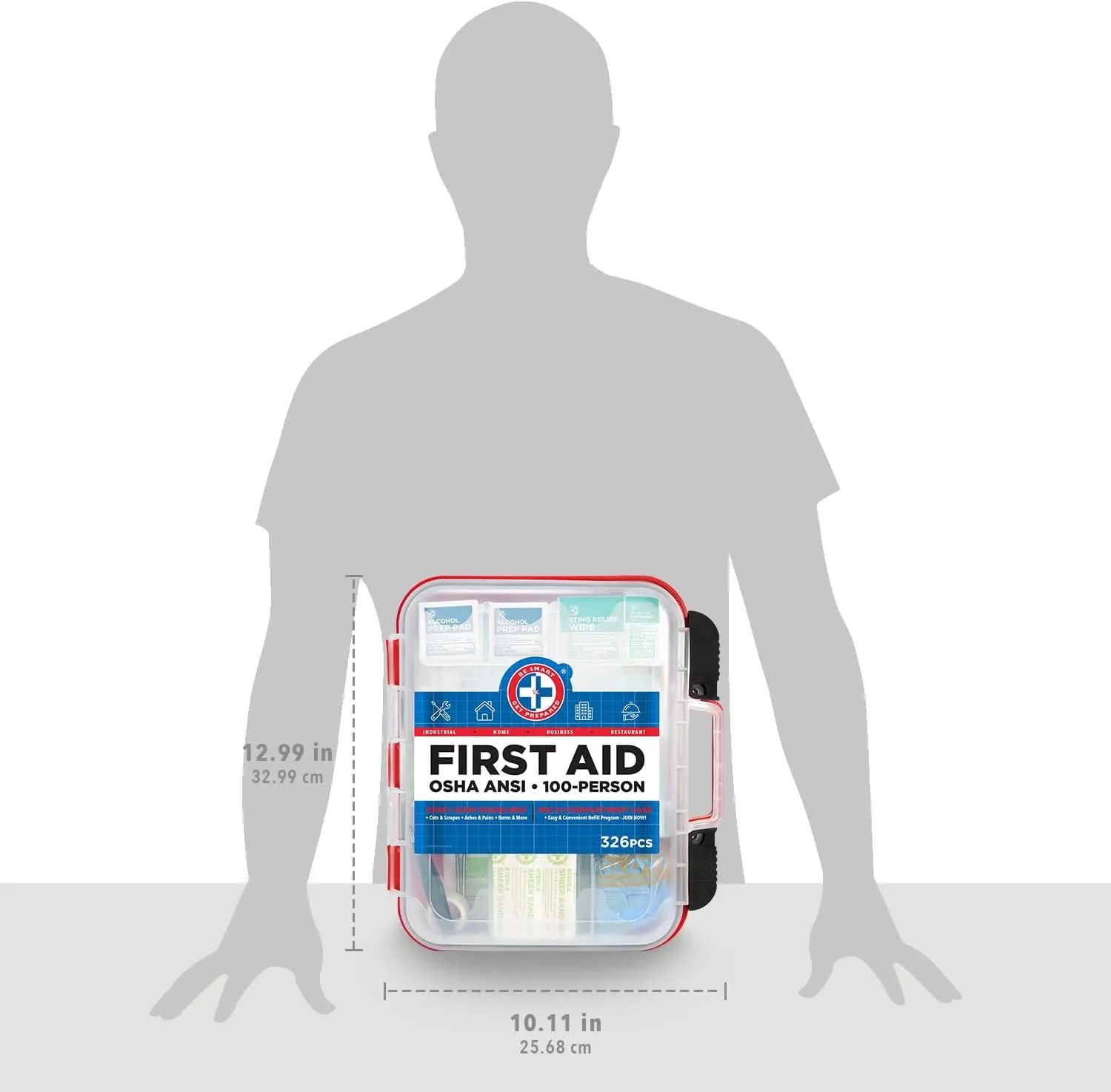 Be Smart Get Prepared First Aid Kit Hard Red Case 326 Pieces Exceeds OSHA ANSI Guidelines 100 People. Office, Home, Car, School, Emergency, Survival, Camping, Hunting and Sports, FSA / HSA Approved