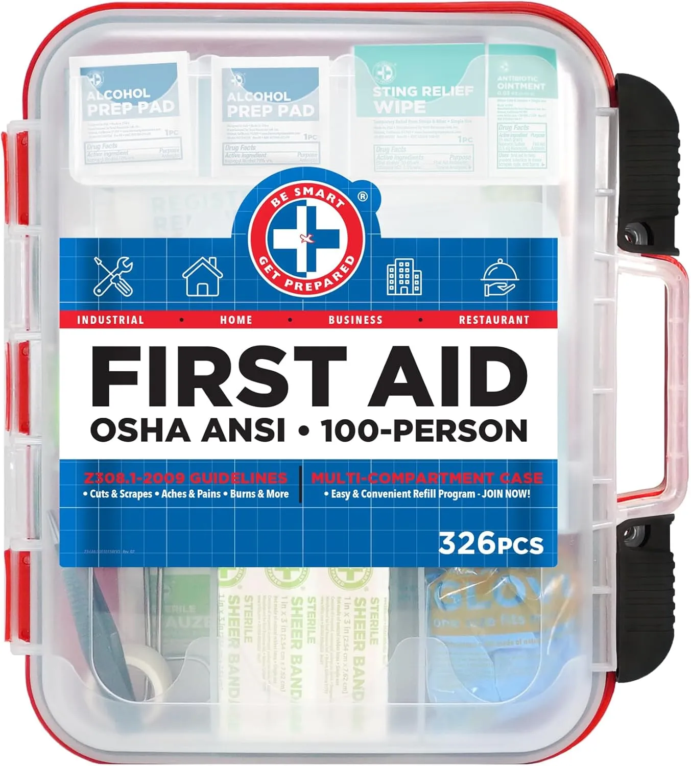 Be Smart Get Prepared First Aid Kit Hard Red Case 326 Pieces Exceeds OSHA ANSI Guidelines 100 People. Office, Home, Car, School, Emergency, Survival, Camping, Hunting and Sports, FSA / HSA Approved
