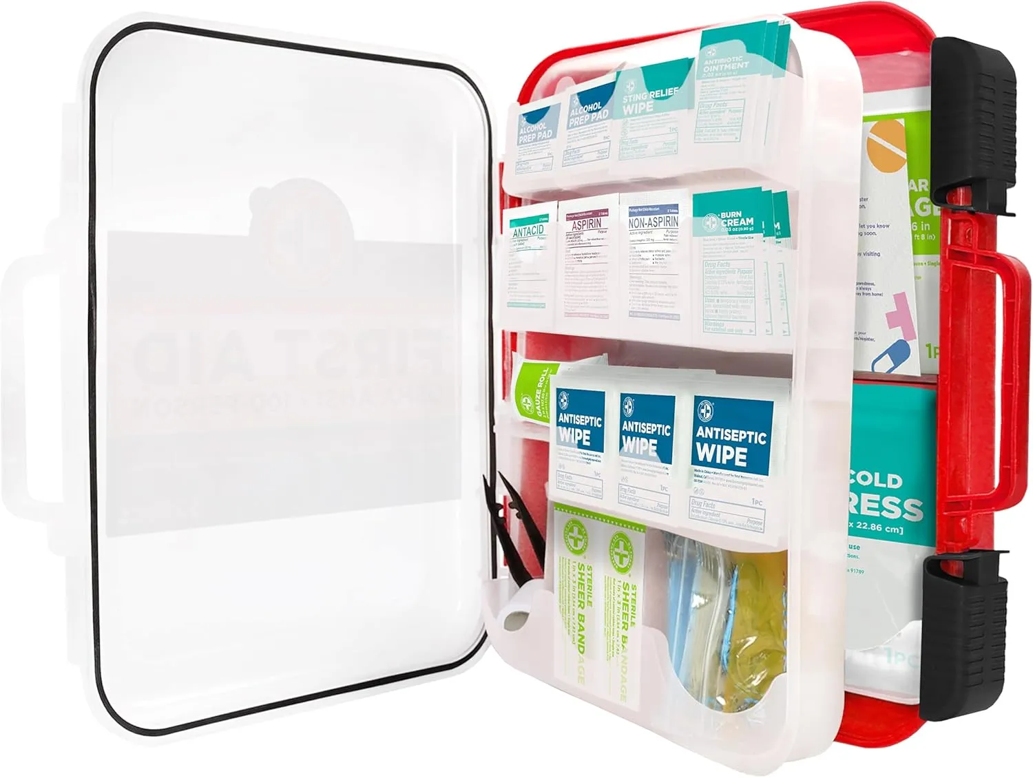 Be Smart Get Prepared First Aid Kit Hard Red Case 326 Pieces Exceeds OSHA ANSI Guidelines 100 People. Office, Home, Car, School, Emergency, Survival, Camping, Hunting and Sports, FSA / HSA Approved