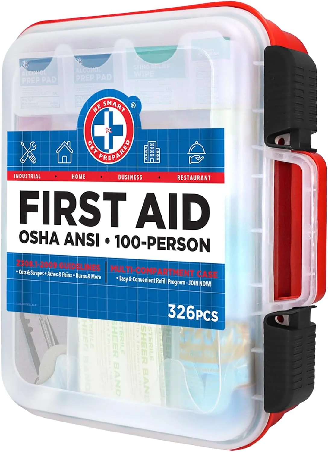 Be Smart Get Prepared First Aid Kit Hard Red Case 326 Pieces Exceeds OSHA ANSI Guidelines 100 People. Office, Home, Car, School, Emergency, Survival, Camping, Hunting and Sports, FSA / HSA Approved