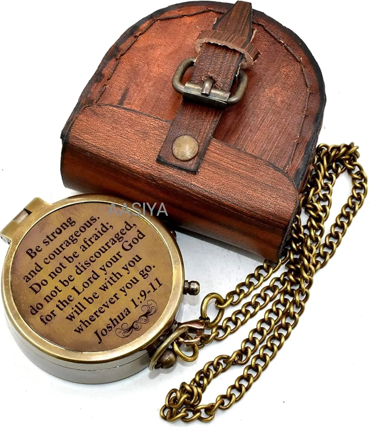 Be Strong and Courageous Quote- Joshua 1:9-11 Brass Antique Compass with Leather Case Graduation Day Gift Birthday Gift Valentine Day Gift Compain/Hiking Compass