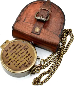 Be Strong and Courageous Quote- Joshua 1:9-11 Brass Antique Compass with Leather Case Graduation Day Gift Birthday Gift Valentine Day Gift Compain/Hiking Compass