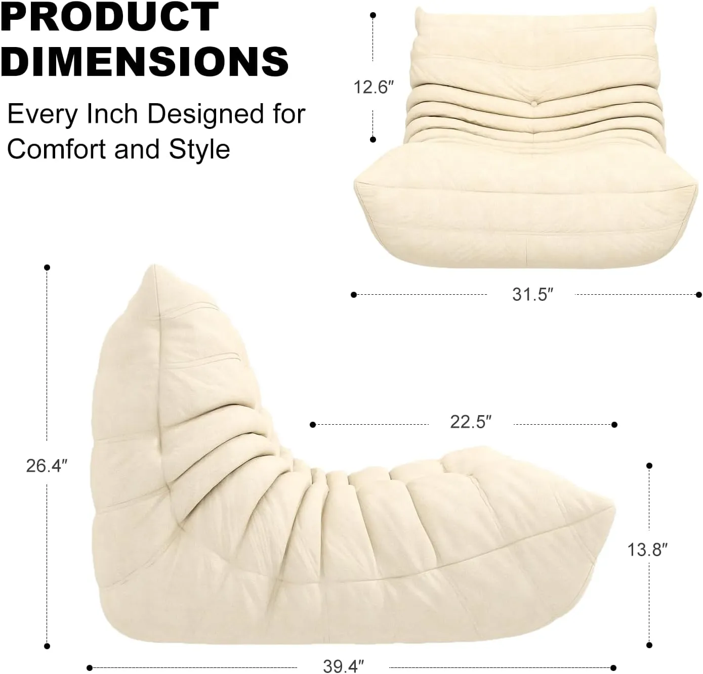 Bean Bag Chair for Adults, Lazy Floor Sofa Couch - Adult Size with Soft Waterproof Fabric for Living Room, Apartments, Reading Corner, Gaming, and Movie Venue (White)