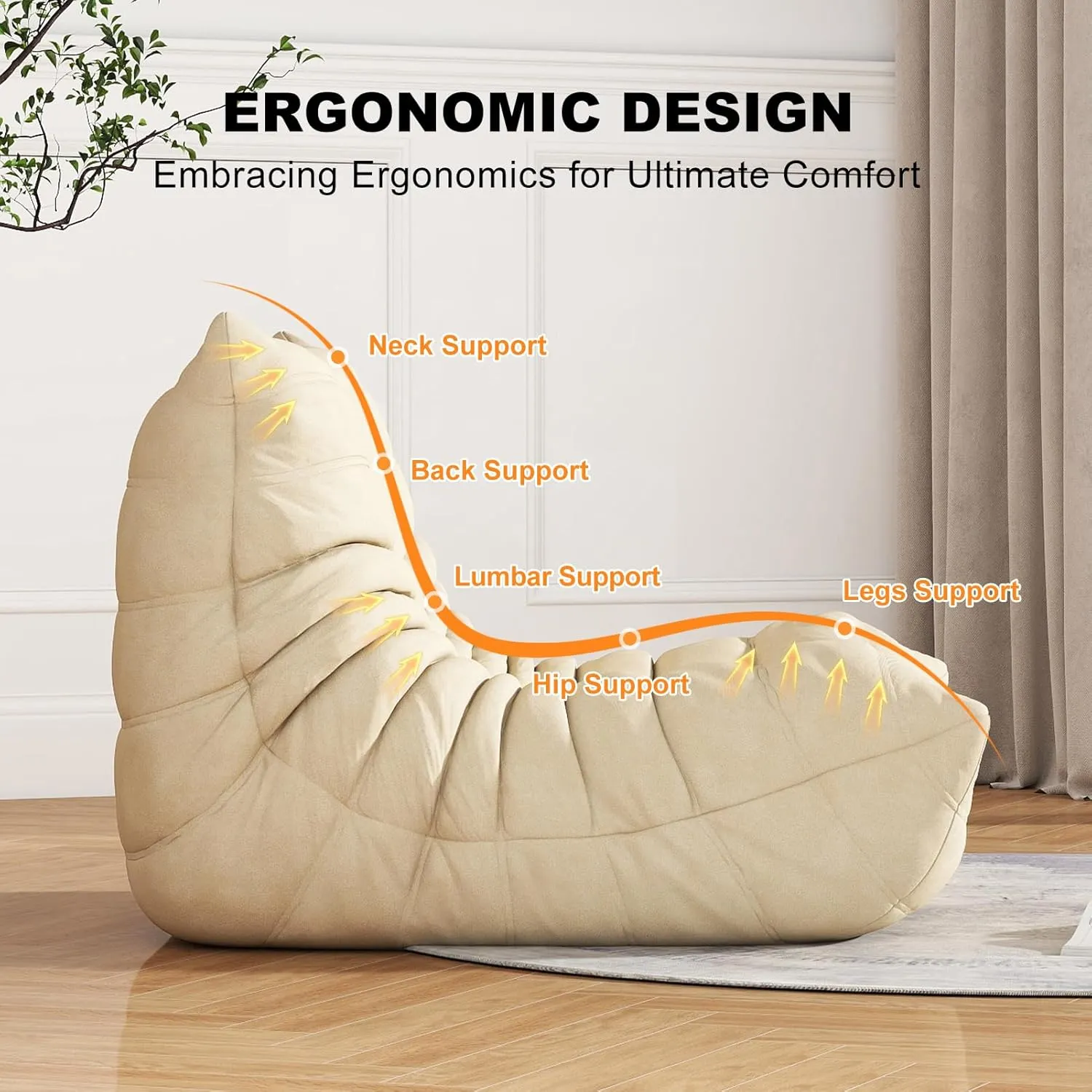 Bean Bag Chair for Adults, Lazy Floor Sofa Couch - Adult Size with Soft Waterproof Fabric for Living Room, Apartments, Reading Corner, Gaming, and Movie Venue (White)