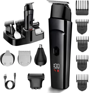 Beard Trimmer for Men - 5 in 1 Kit Electric Razor, Nose Hair Trimmer with LED Display, Cordless Mustache Body Face Grooming Kit, Waterproof Rechargeable Beard Shaver