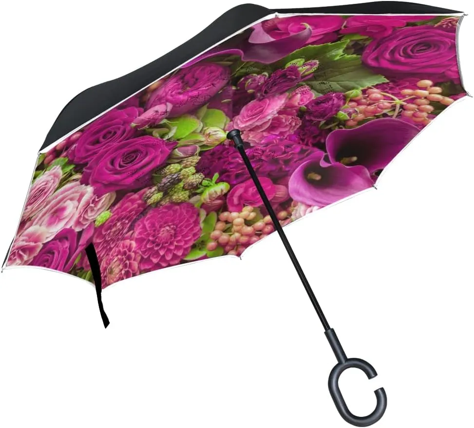 Beautiful Pink Flowers Bunch Reverse Inverted Inside Out Umbrella Cars Unigue Windproof UV Proof Double Layer for Women