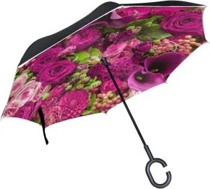 Beautiful Pink Flowers Bunch Reverse Inverted Inside Out Umbrella Cars Unigue Windproof UV Proof Double Layer for Women
