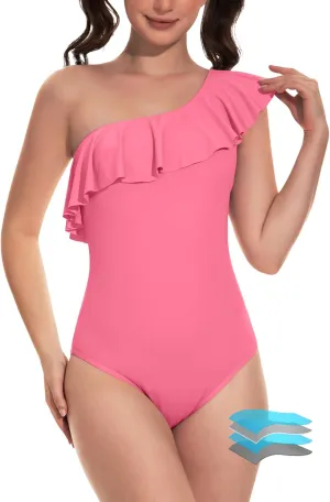 Beautikini Period Swimwear One Piece Menstrual Leakproof Swimsuit One Shoulder Ruffle Bathing Suits for Girls Teens