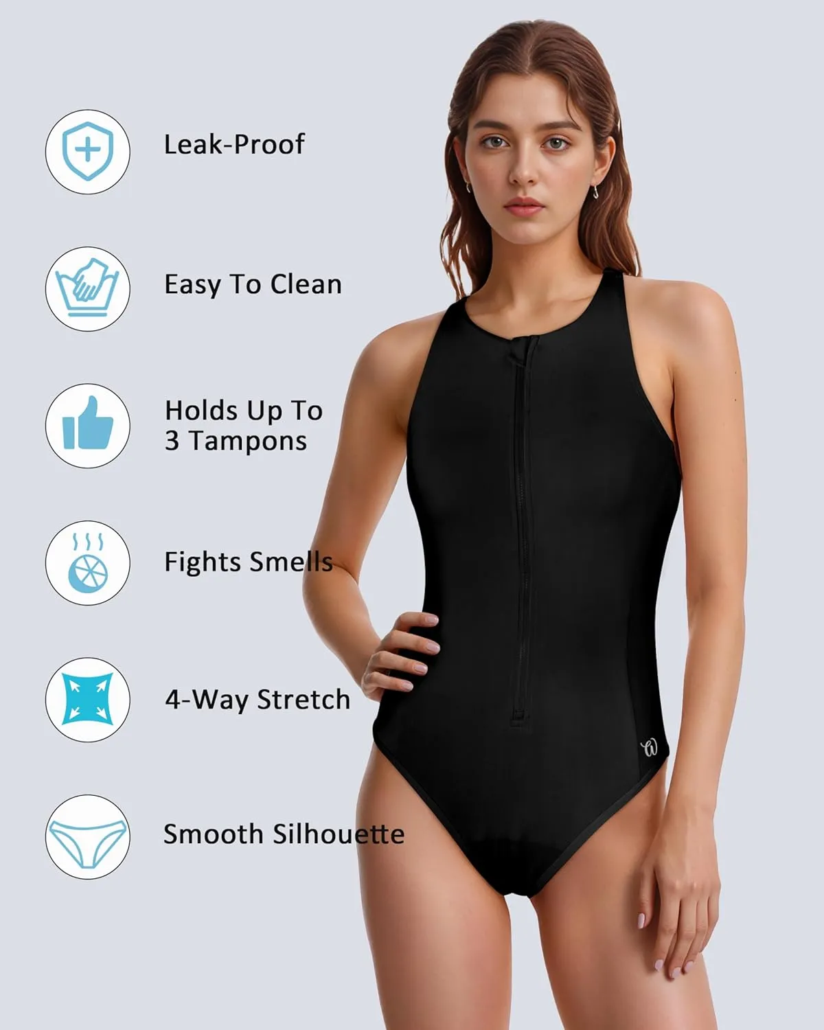 Beautikini Period Swimwear Zipper Menstrual Swimsuit One Piece Athletic Racerback Leakproof Bathing Suit for Teen Girls Women