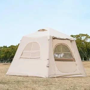 Beige 5.8sq Inflatable Camping Tent with Hand Pump Easy Setup Outdoor Blow up Tent 2-3 Person Oxford 4 Season Glamping Air Tents Cabin House with Mesh Windows & Door No Stove Jack Included