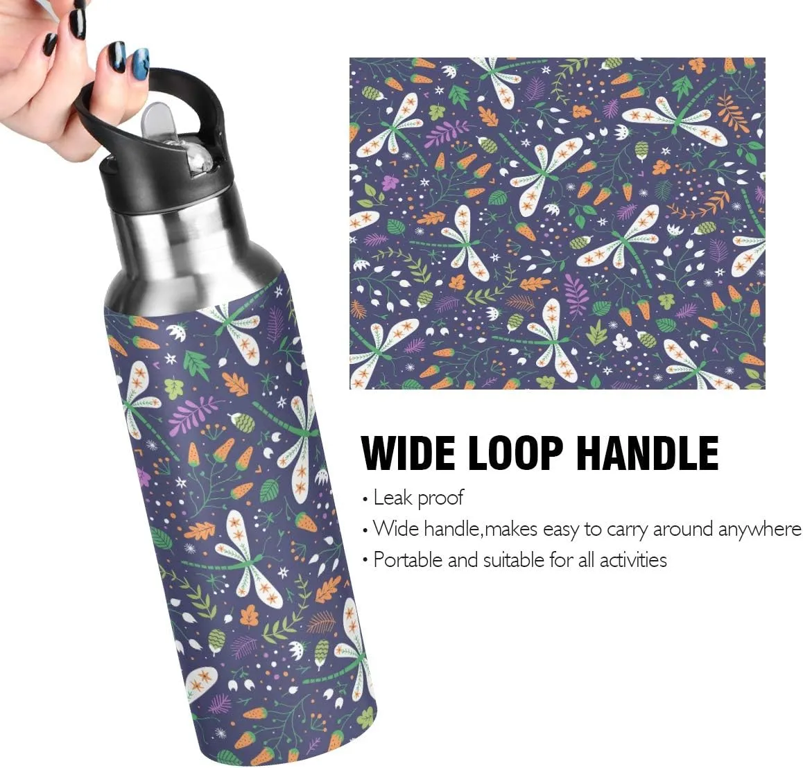 Berries and Dragonflies Sports Water Bottle 22 OZ BPA Free Leakproof Water Bottle for Fitness Gym Camping Outdoor Sports