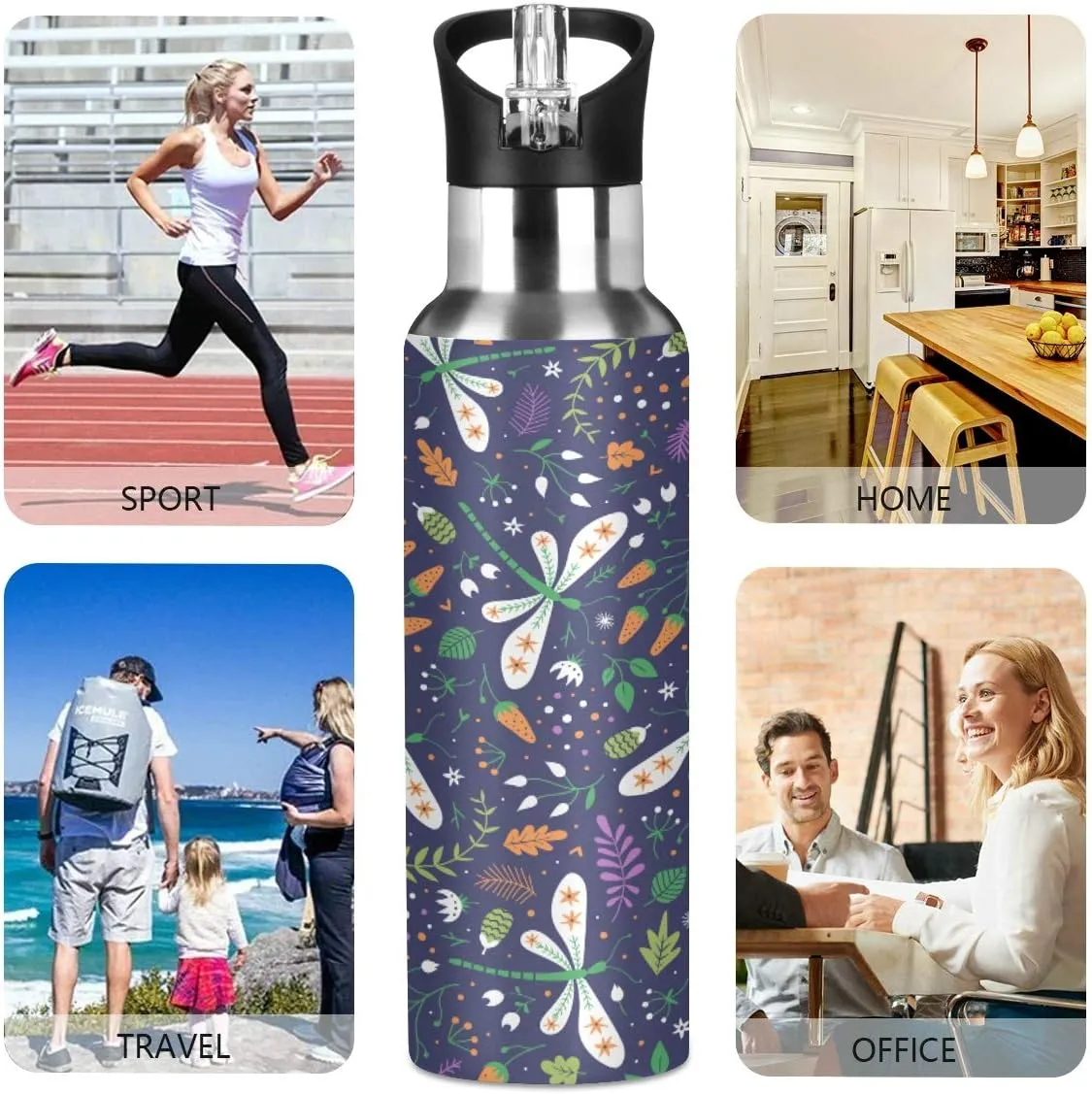 Berries and Dragonflies Sports Water Bottle 22 OZ BPA Free Leakproof Water Bottle for Fitness Gym Camping Outdoor Sports