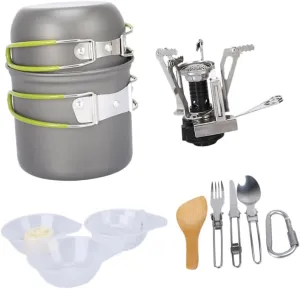 BESPORTBLE 1-Person Camping Cooking Set Portable Cookware Kit Stove Non-Stick Pot Pan Bowl Spoon Set for Hiking Backpacking Picnic Aluminum Mesh Bag Included