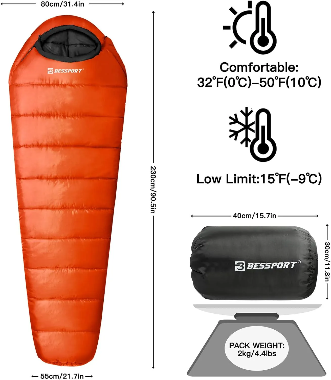 Bessport Mummy Sleeping Bag | 15-45 ℉ Extreme 3-4 Season Sleeping Bag for Adults Cold Weather– Warm and Washable, for Hiking Traveling & Outdoor Activities
