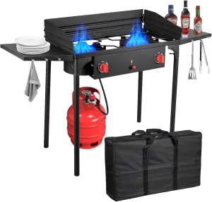 Bestfire 2 Burner Gamping Stove with Windpanel& Side Shelves, Bag, Auto Ignition Button,Regulator,150,000 BTU Camping Stove Propane Burner for Outdoor BBQ&Backyard Cooking Camping Home