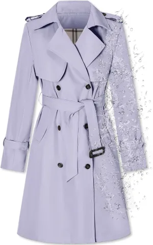 Betusline Women's Long Double-Breasted Waterproof Trench Coat with Belt