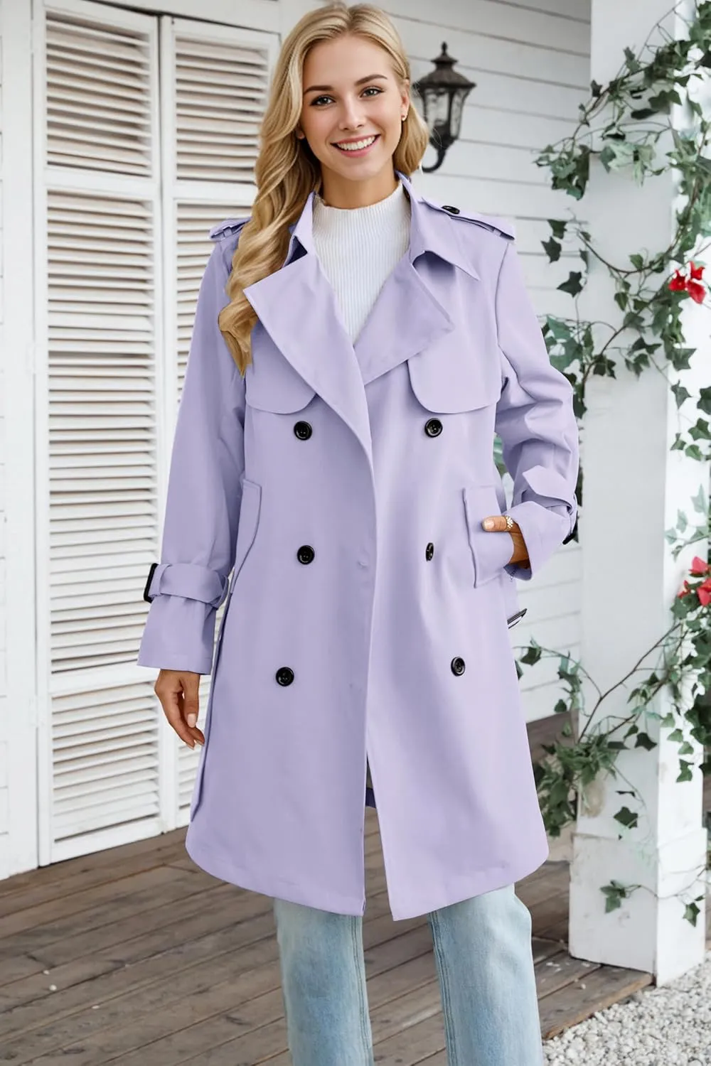 Betusline Women's Long Double-Breasted Waterproof Trench Coat with Belt