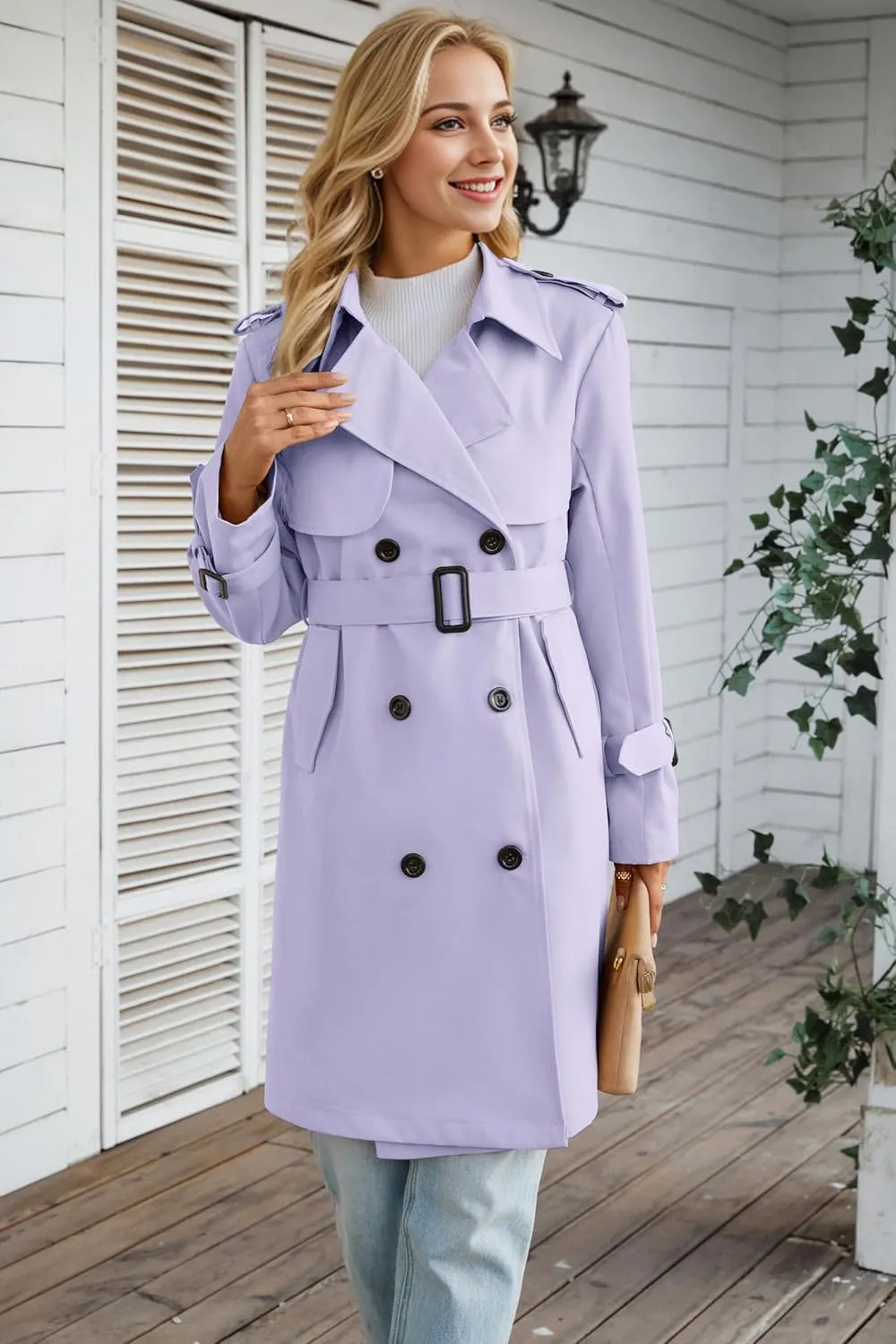 Betusline Women's Long Double-Breasted Waterproof Trench Coat with Belt