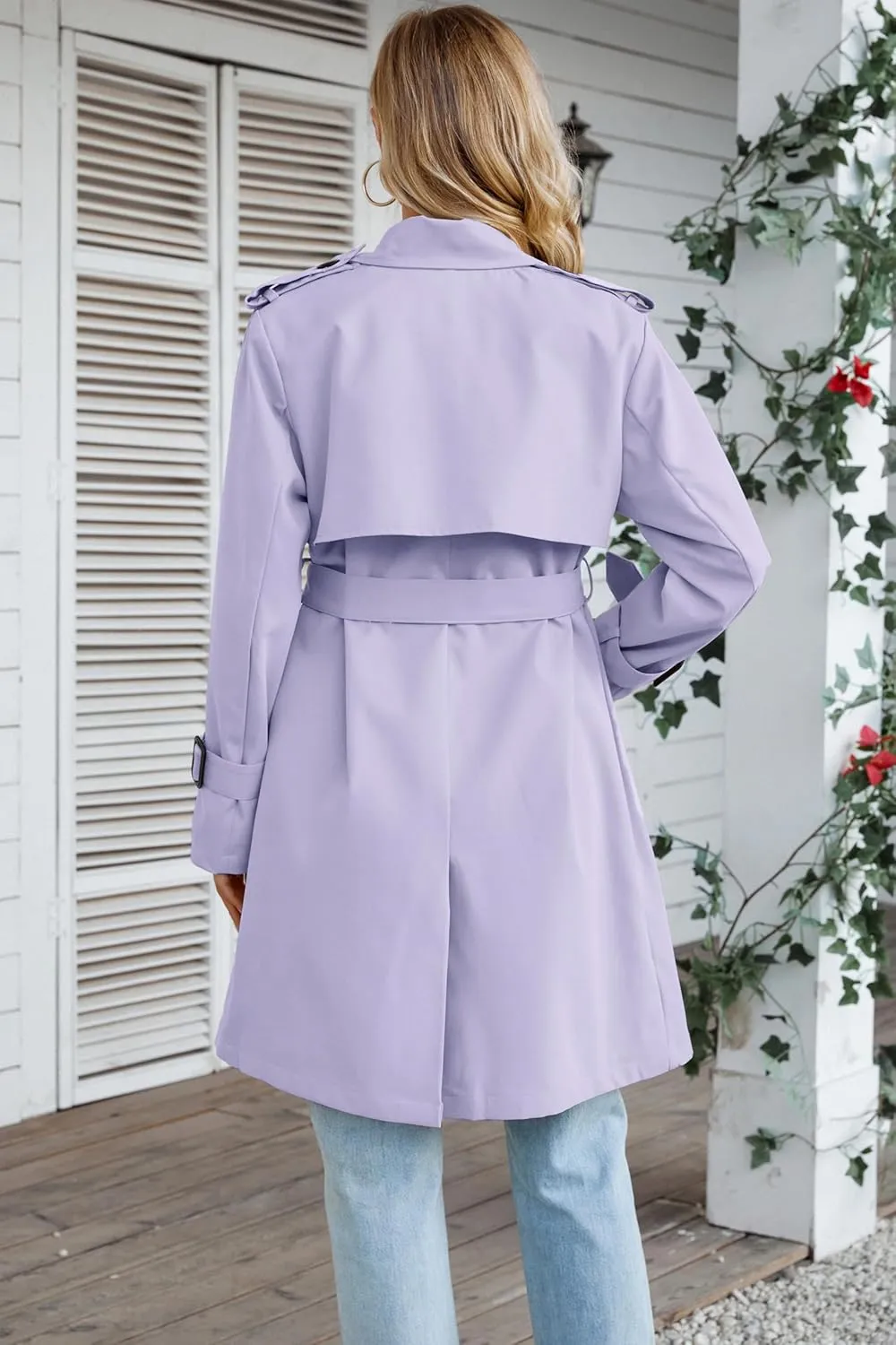 Betusline Women's Long Double-Breasted Waterproof Trench Coat with Belt