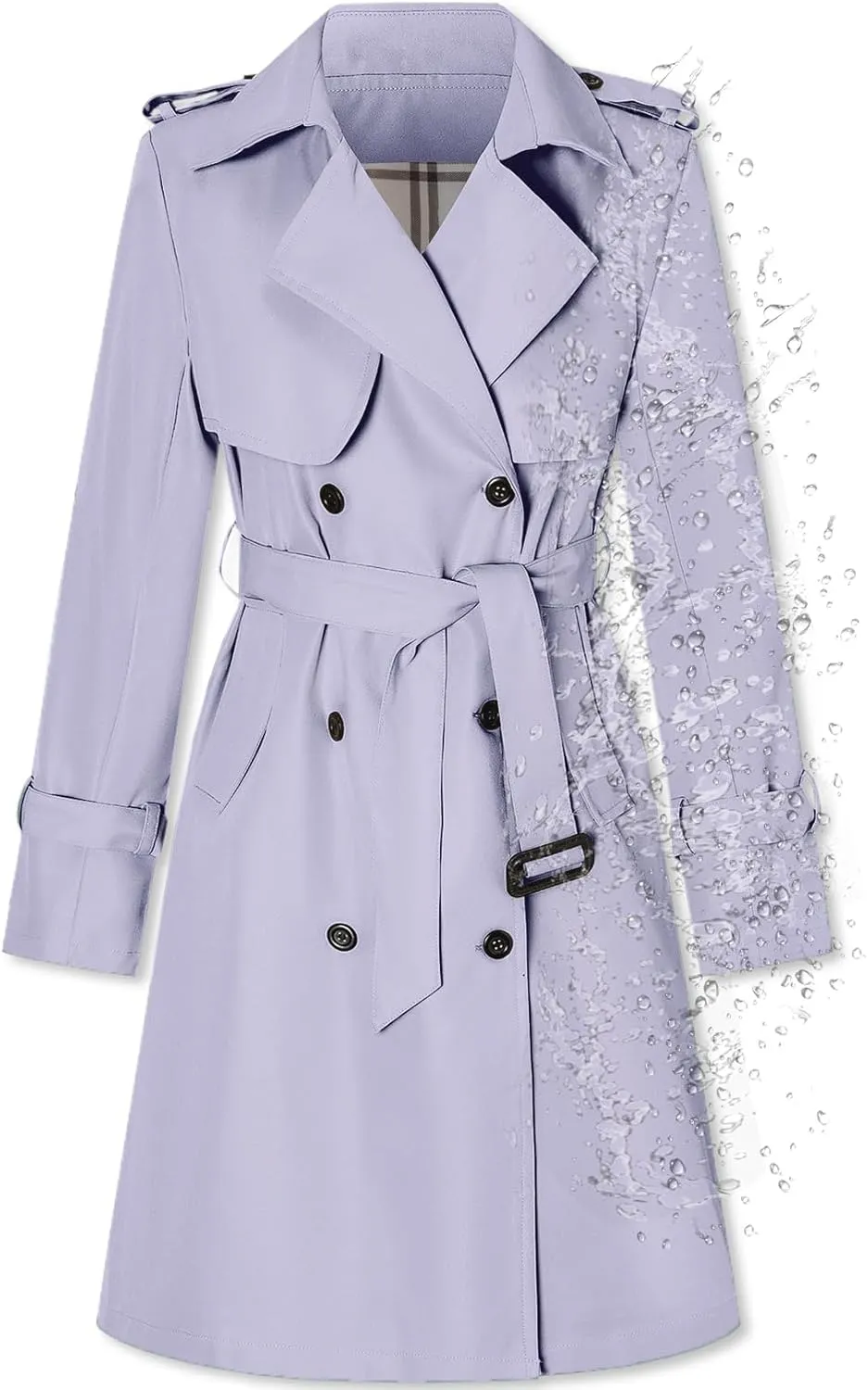 Betusline Women's Long Double-Breasted Waterproof Trench Coat with Belt