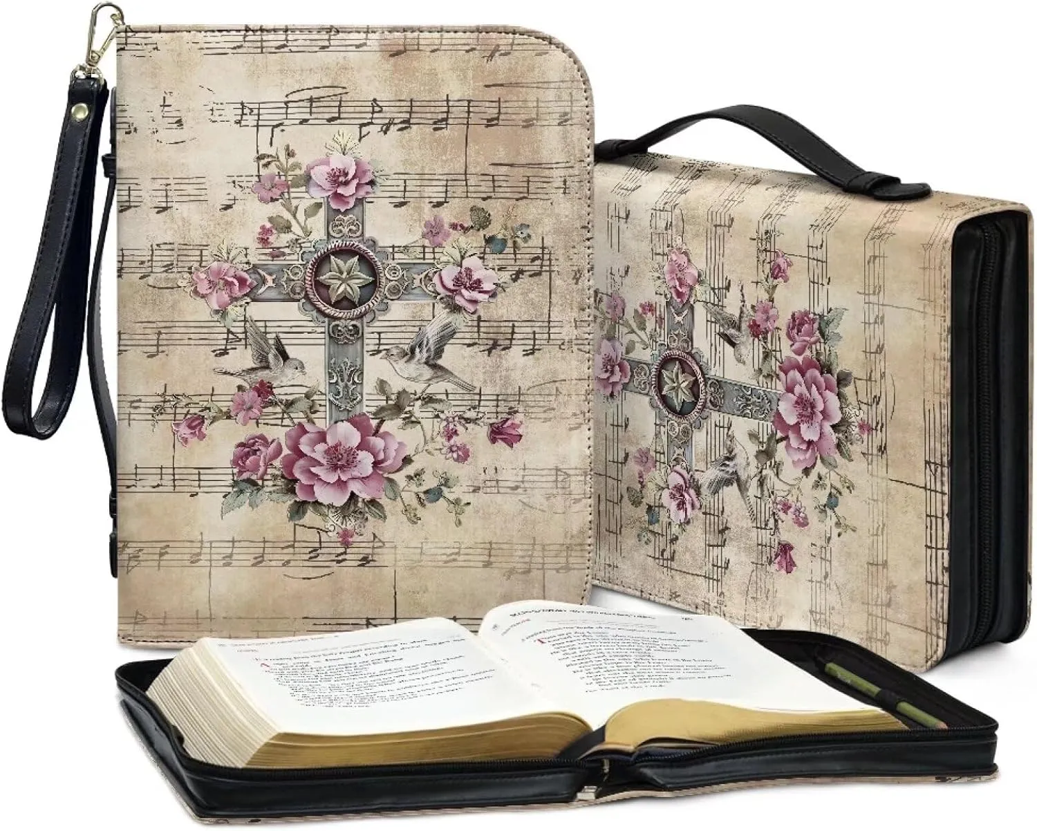 Bible Bag with Black Ribbon for Women Men Bible Cover Carry Case Waterproof Church Bag Portable Handle and Zipper