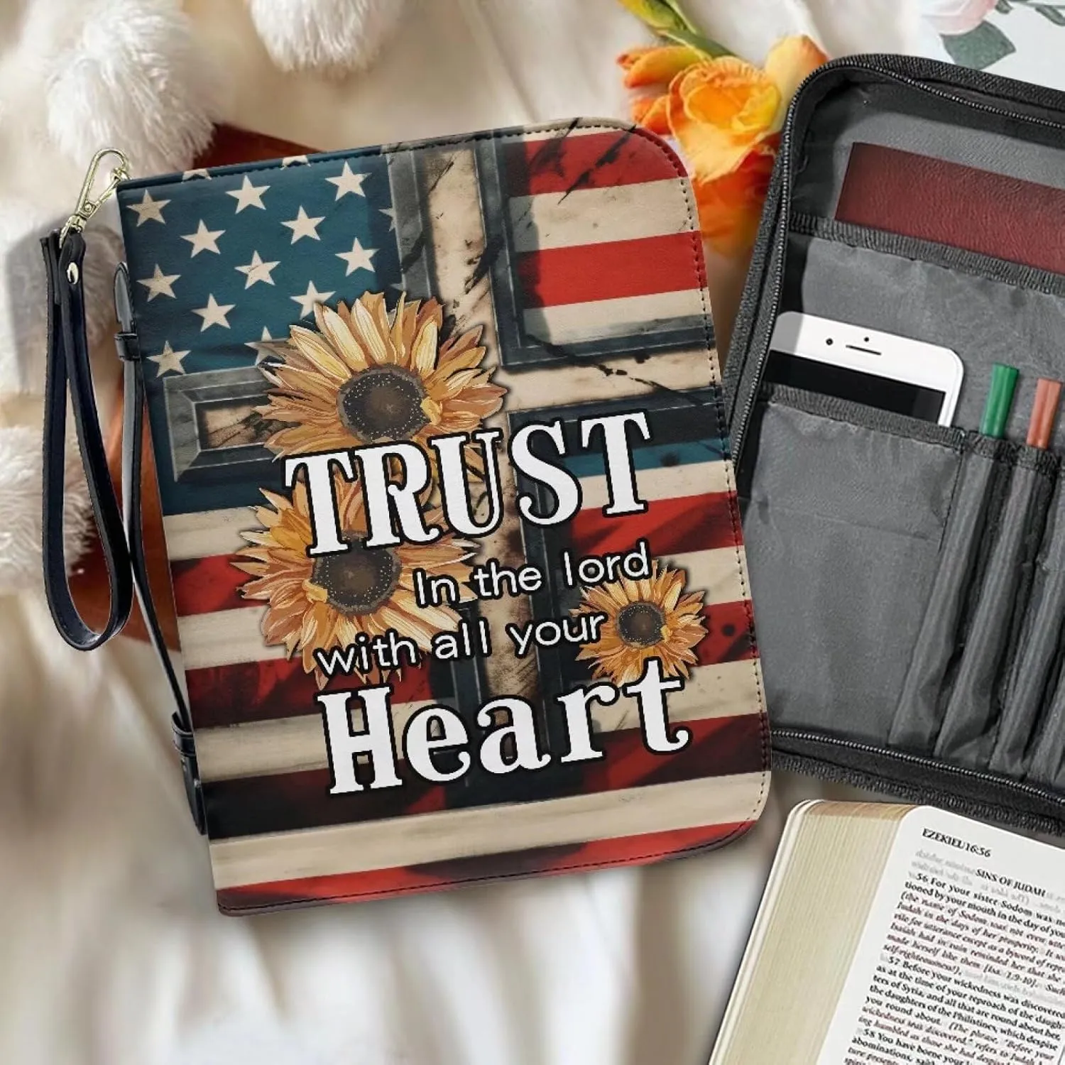 Bible Bag with Black Ribbon for Women Men Bible Cover Carry Case Waterproof Church Bag Portable Handle and Zipper
