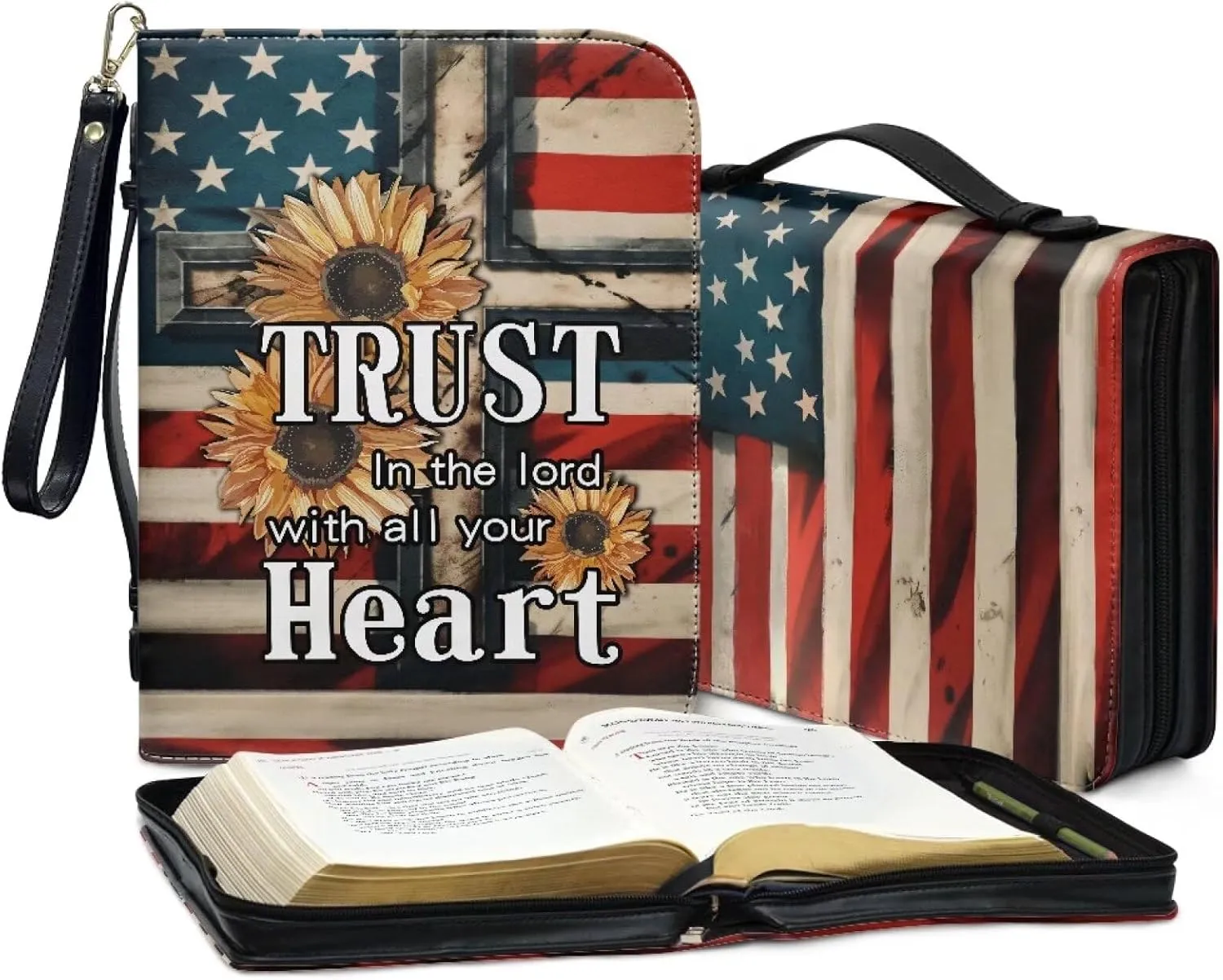 Bible Bag with Black Ribbon for Women Men Bible Cover Carry Case Waterproof Church Bag Portable Handle and Zipper