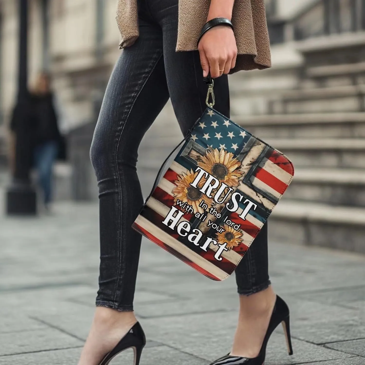 Bible Bag with Black Ribbon for Women Men Bible Cover Carry Case Waterproof Church Bag Portable Handle and Zipper
