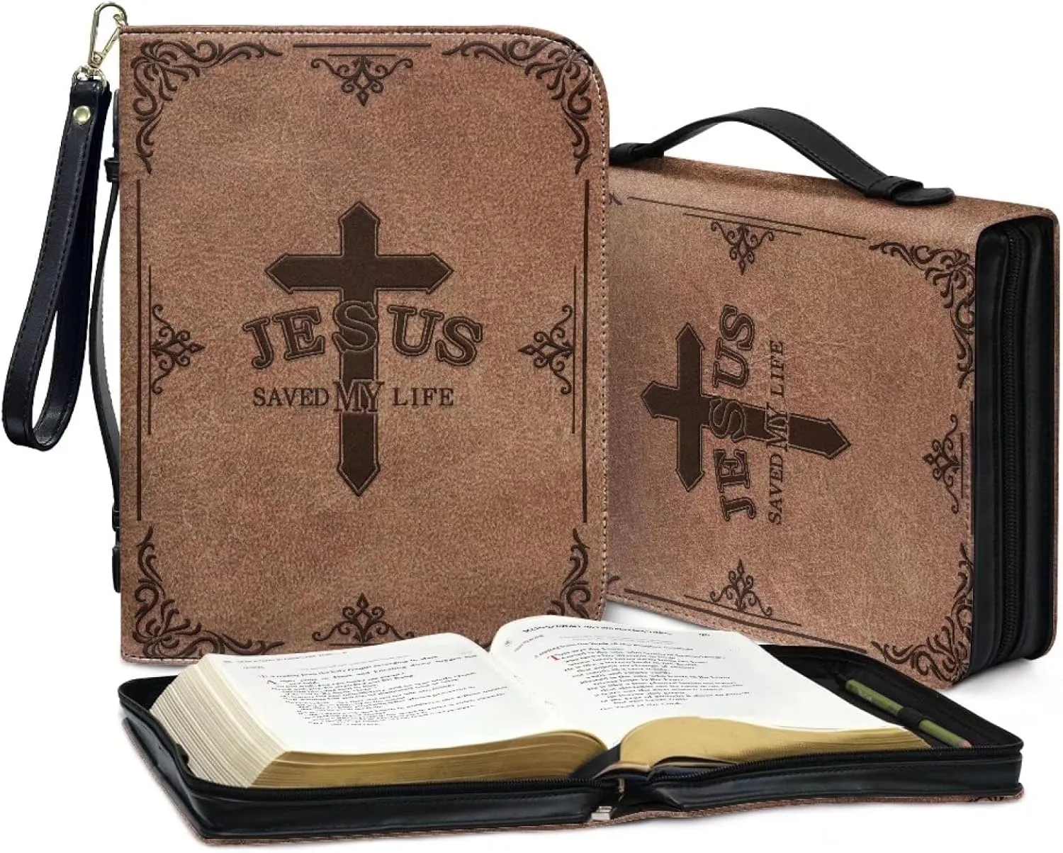 Bible Bag with Black Ribbon for Women Men Bible Cover Carry Case Waterproof Church Bag Portable Handle and Zipper
