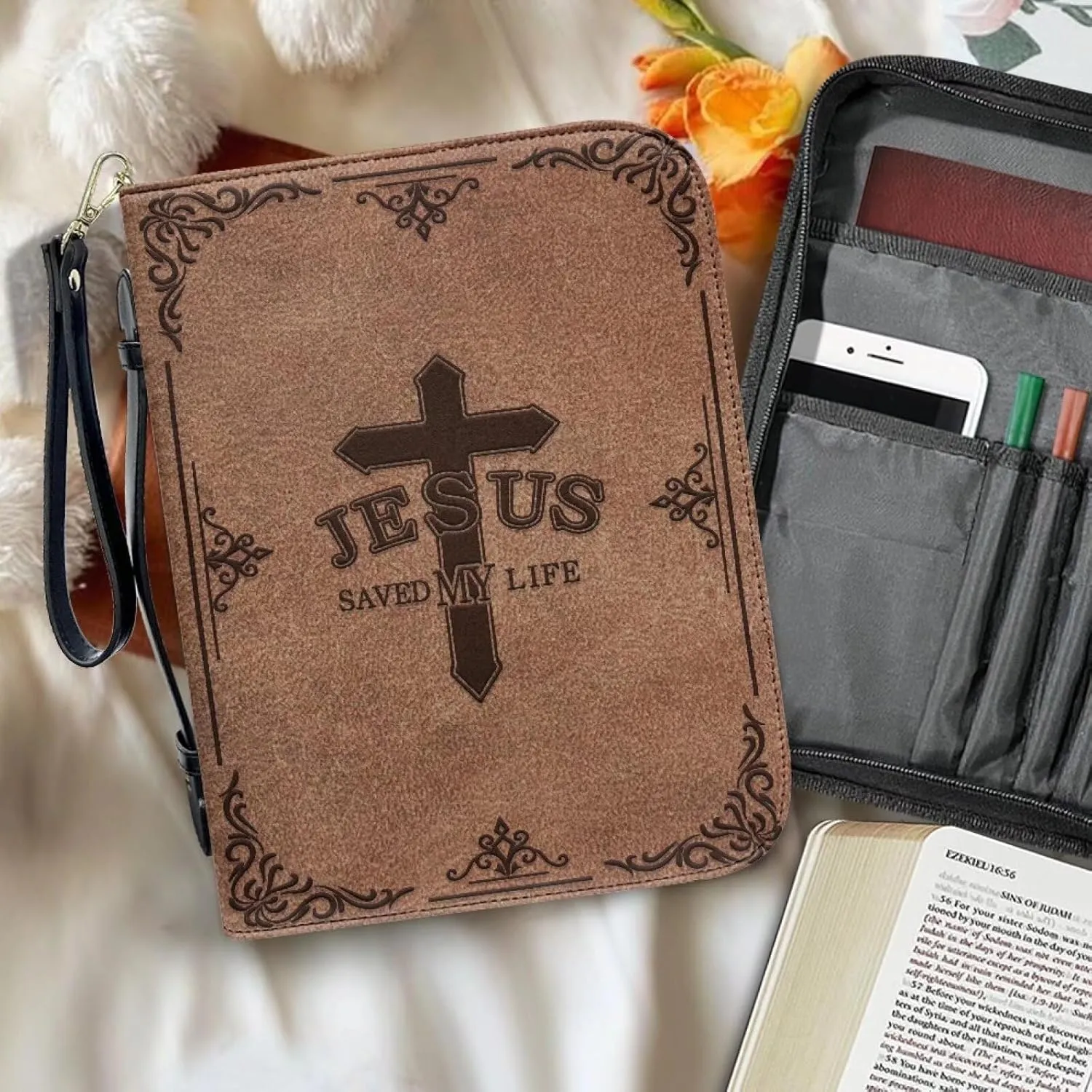 Bible Bag with Black Ribbon for Women Men Bible Cover Carry Case Waterproof Church Bag Portable Handle and Zipper