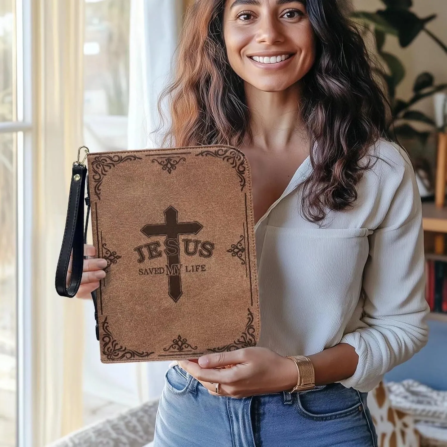 Bible Bag with Black Ribbon for Women Men Bible Cover Carry Case Waterproof Church Bag Portable Handle and Zipper