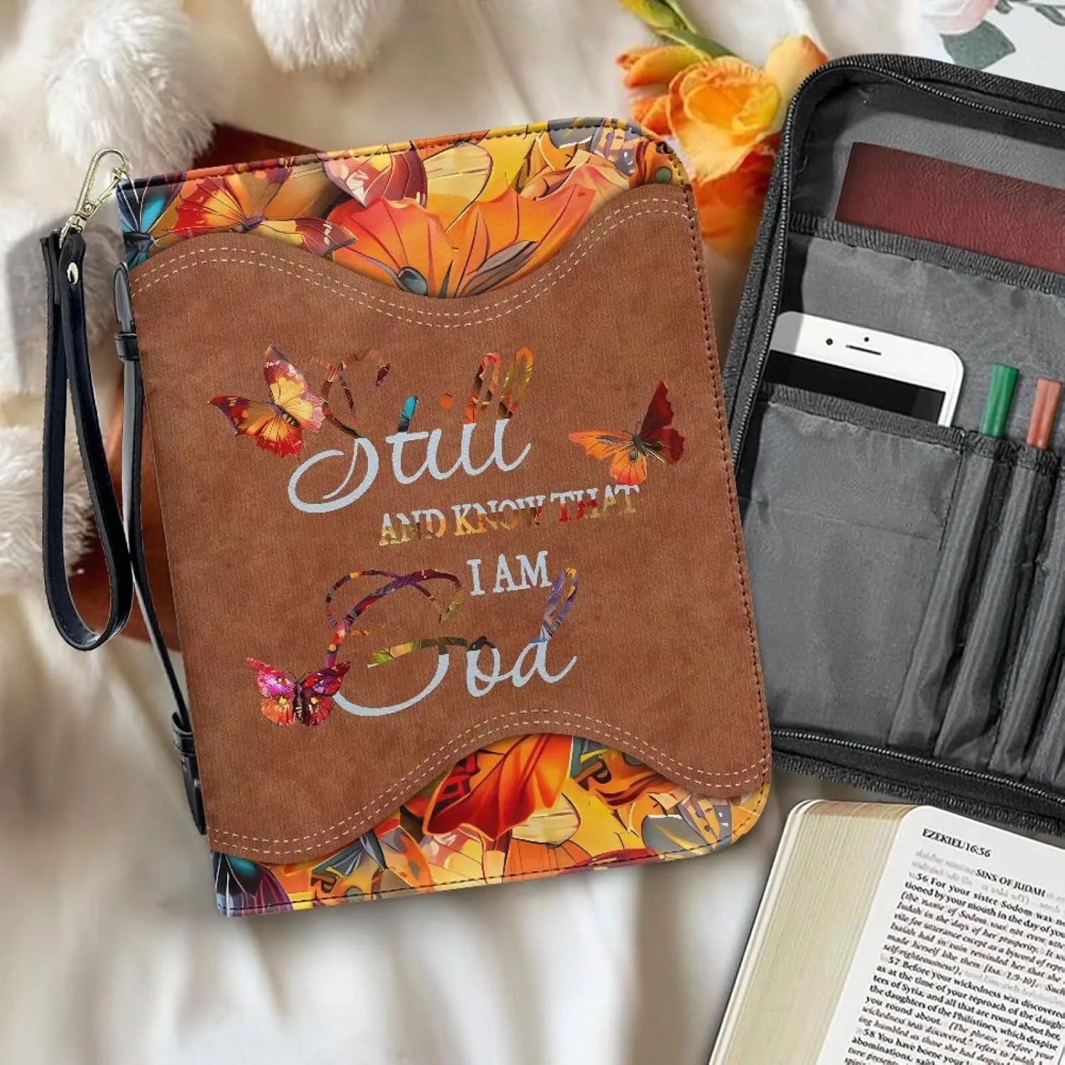 Bible Cover with Black Ribbon Study Bible Tote Bag Zip Carrying Case Handle and Pocket Bible Bag for Men & Women